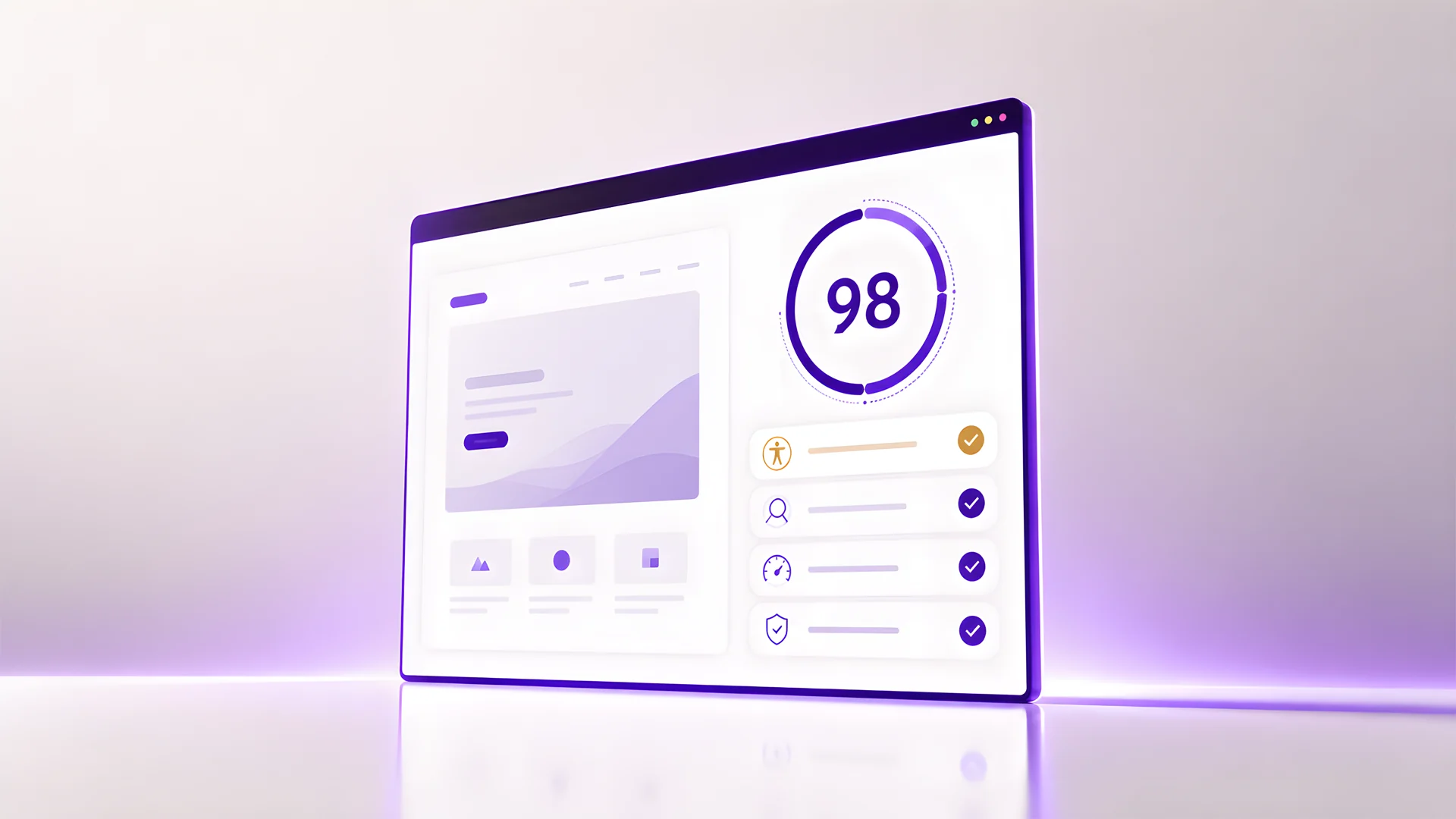 A Valorous-built website scoring 98 with accessibility, audience, performance, and security all passing