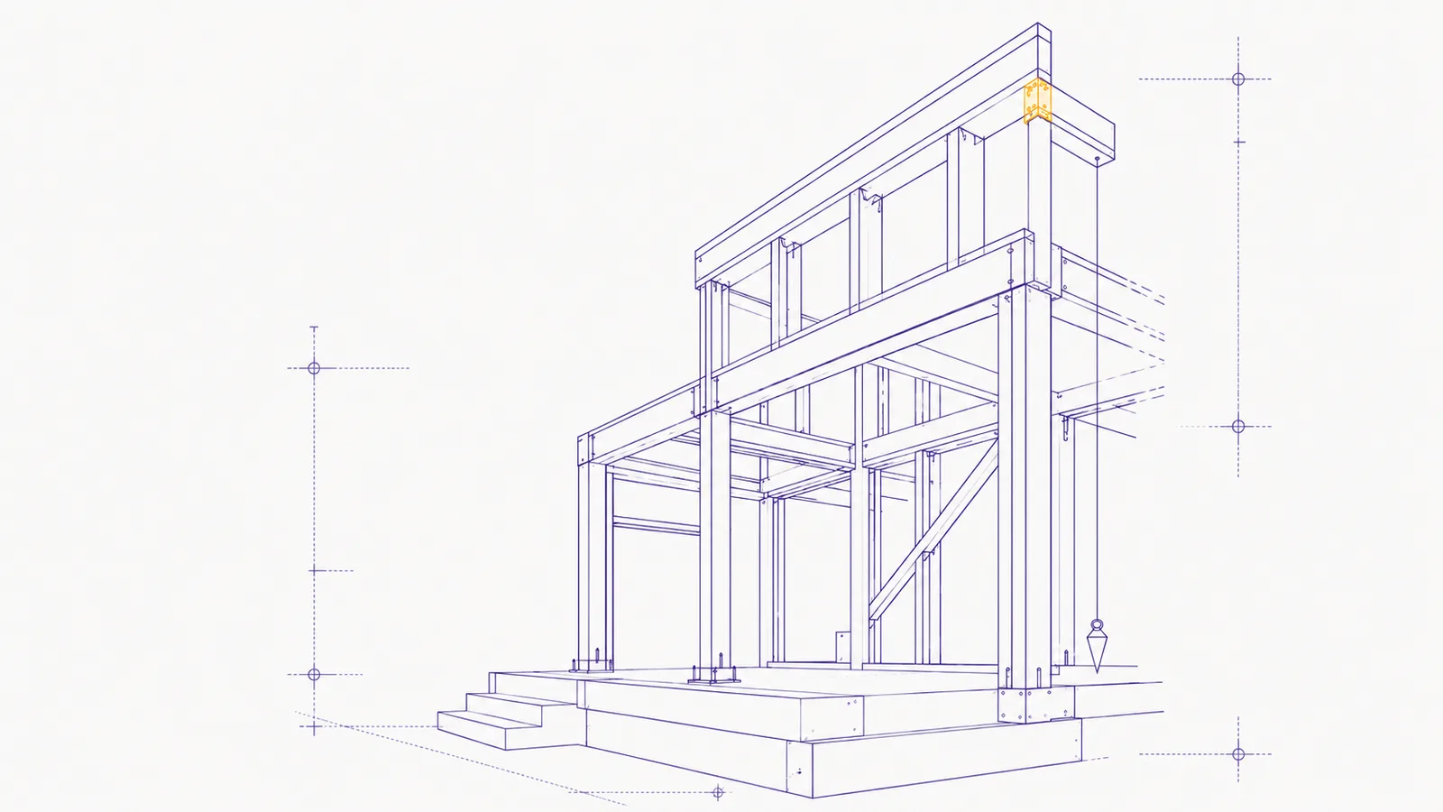 A blueprint-style line illustration in Valorous purple of a building’s structural frame under construction — posts, beams, and footings on a concrete foundation, with an orange-marked joint and a plumb bob — representing a website built from the foundation up.