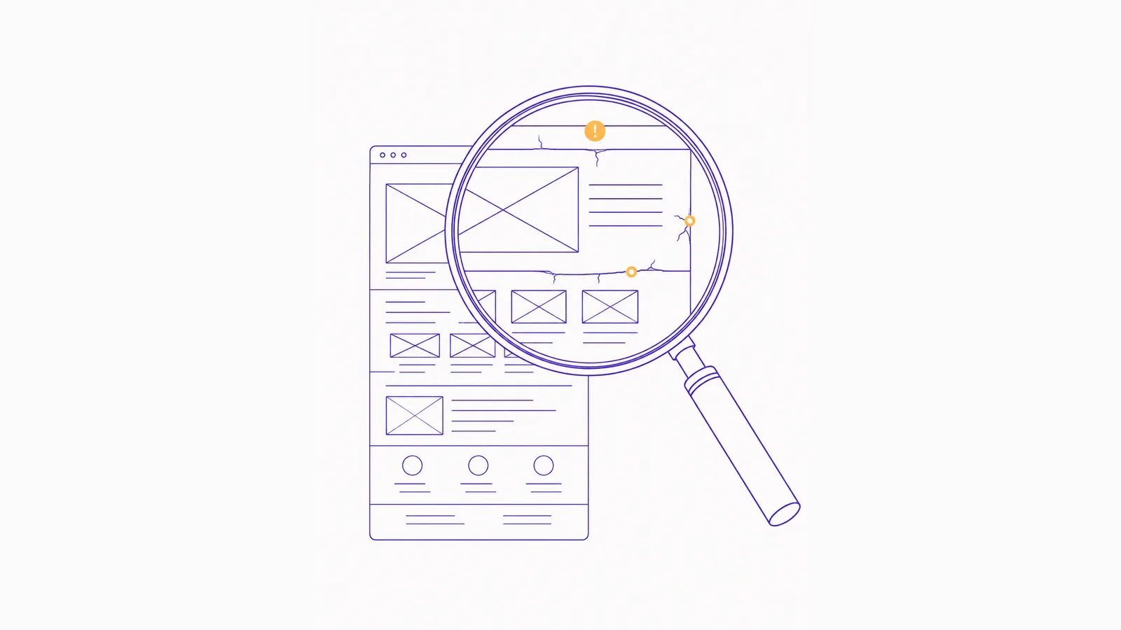 A blueprint-style line illustration in Valorous purple of a website wireframe examined under a magnifying glass, with orange markers flagging cracks and problem areas — representing a structured review of a site and its online presence.