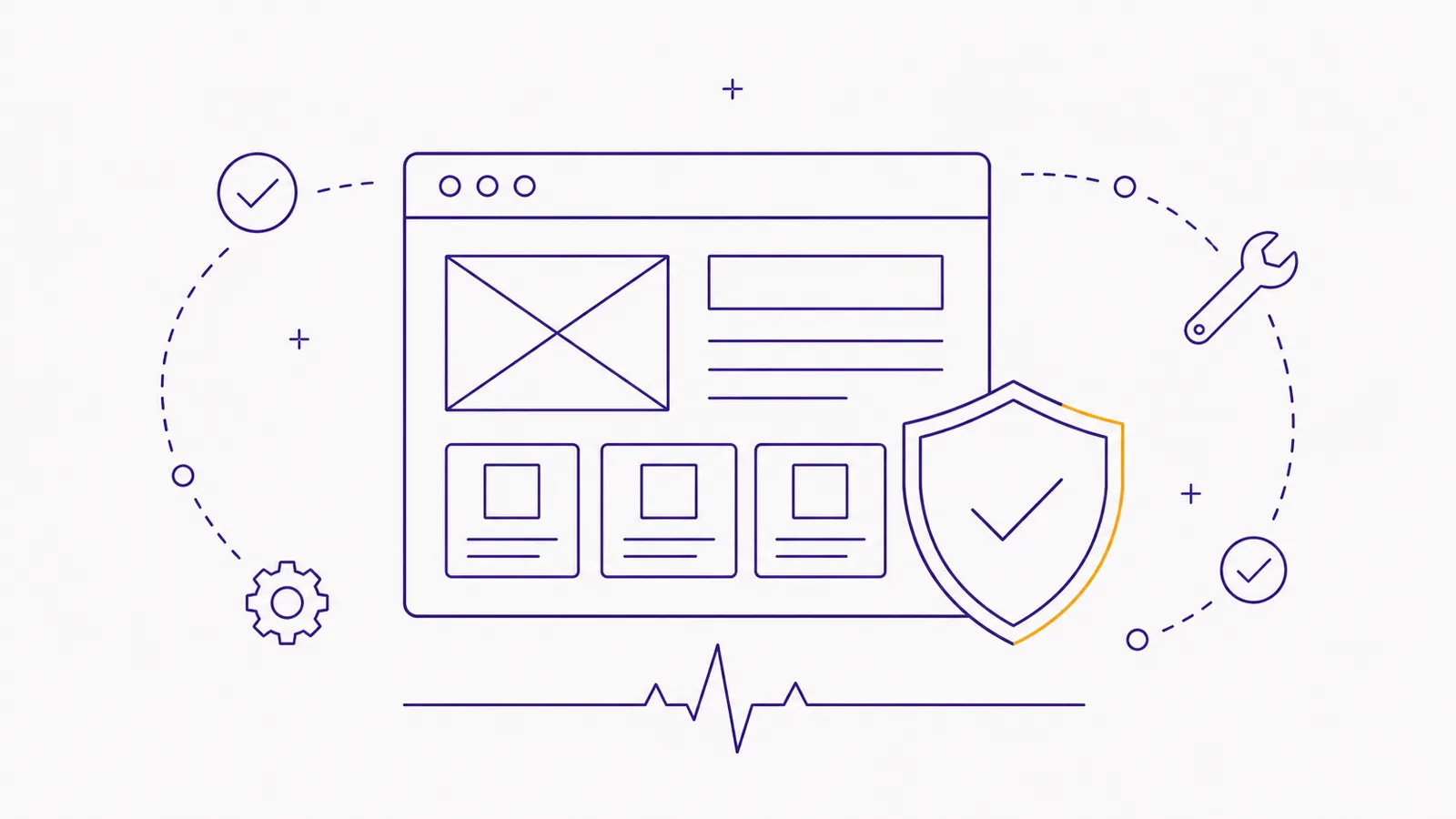 A blueprint-style line illustration in Valorous purple of a website in a browser window orbited by a maintenance wrench, a settings gear, checkmark nodes, and a shield with a checkmark, above a steady heartbeat pulse line — representing ongoing monitoring, security, and support that keeps a site healthy.