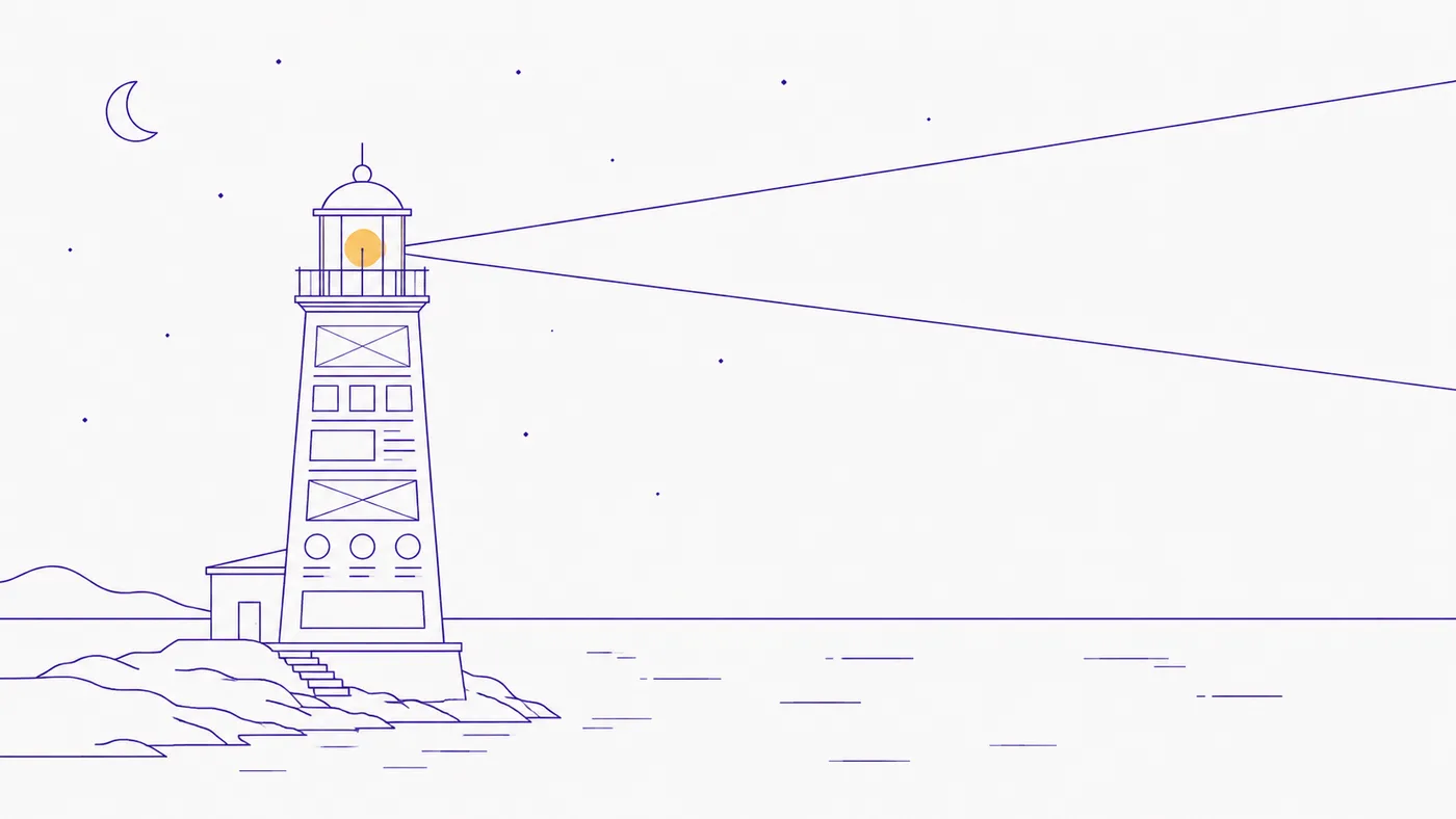 A blueprint-style line illustration in Valorous purple of a lighthouse standing on a rocky shore at night, casting its beam out across the water beneath a crescent moon and stars — representing Valorous as a steady, guiding light for businesses navigating the web